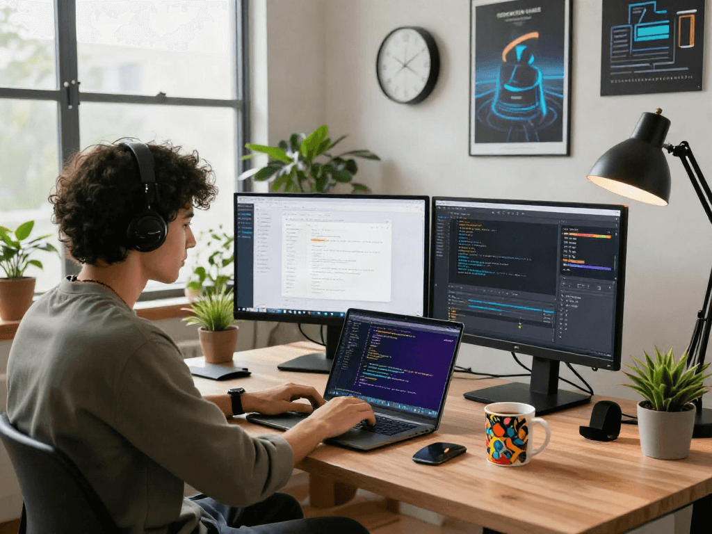 Coding cocoflix apk project in a vibrant home office workspace, young developer focused on dual monitors.