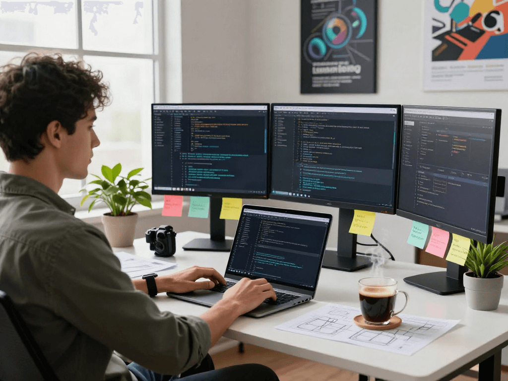 Innovative workspace focused on gbwhatsapp software development with coding screens and coffee.