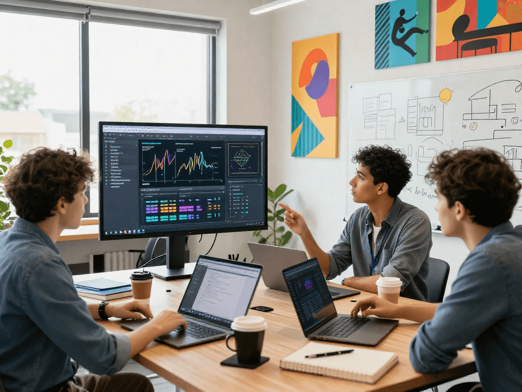 Buy app downloads strategy session with developers analyzing app performance metrics in a modern workspace.