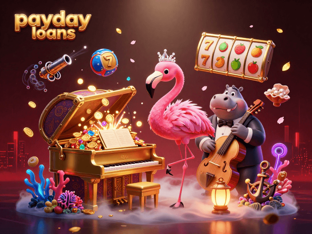 Engage with payday loans while enjoying a vivid casino scene featuring lively characters and game elements.