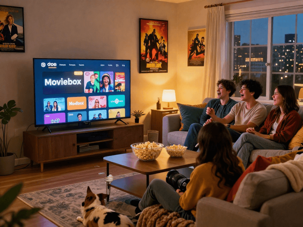 Friends enjoying a cozy movie night using the Moviebox app on a smart TV in a stylish living room