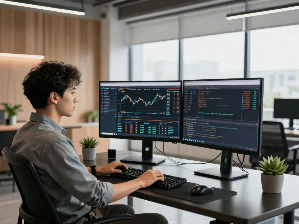 Real-time forex trading environment with grain algorithmic trading API integration showcasing dynamic charts and modern tech workspace.