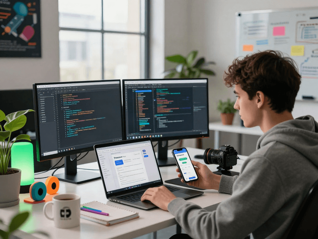 Pikashow app download on smartphone with vibrant desktop setup showing active coding.