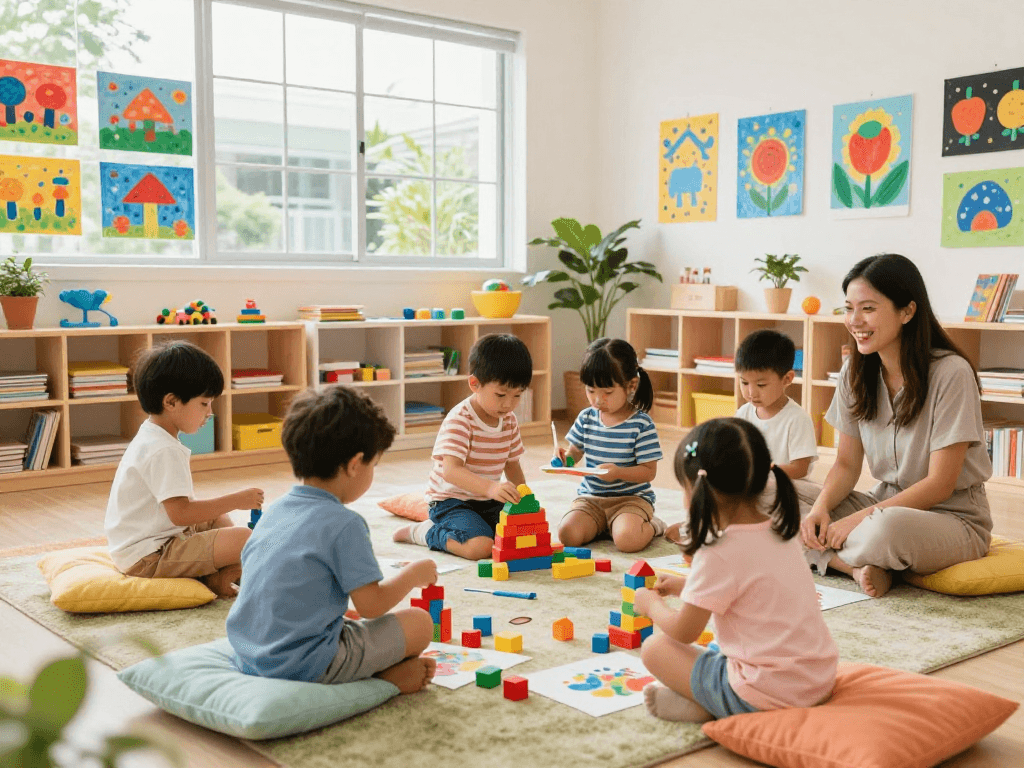 Engaging pre nursery Singapore classroom with children learning through play and creative activities.