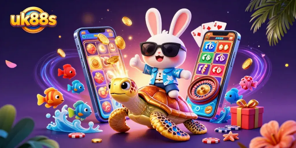 Engage with uk88s at the colorful casino scene featuring a lucky rabbit and gold turtle.