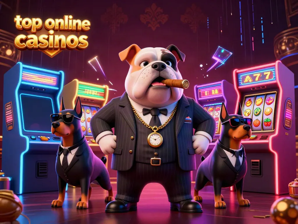 Explore top online casinos with a playful mafia bulldog and Doberman bodyguards surrounded by vibrant gaming elements.