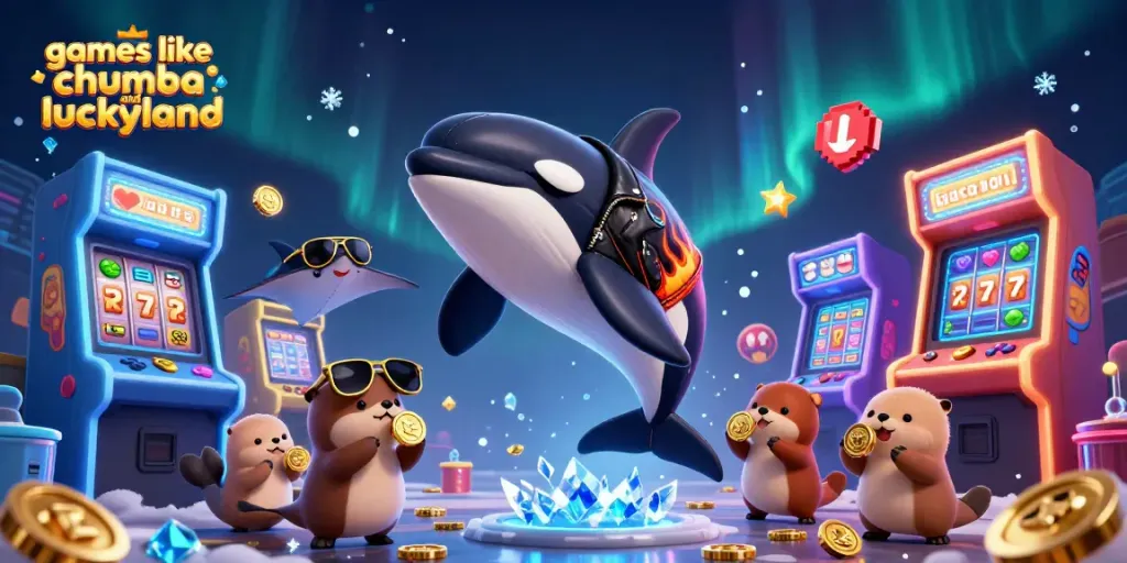 Play thrilling games like chumba and luckyland amidst vibrant casino elements and animated characters.