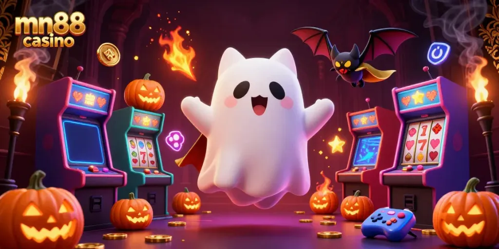 Experience thrilling adventures at mn88 casino with a ghost cat and vampire bat in a haunted setting.