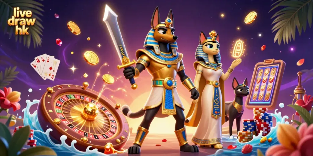 Experience live draw hk excitement with Anubis and Bastet amidst rich gaming visuals and glowing hieroglyphs.