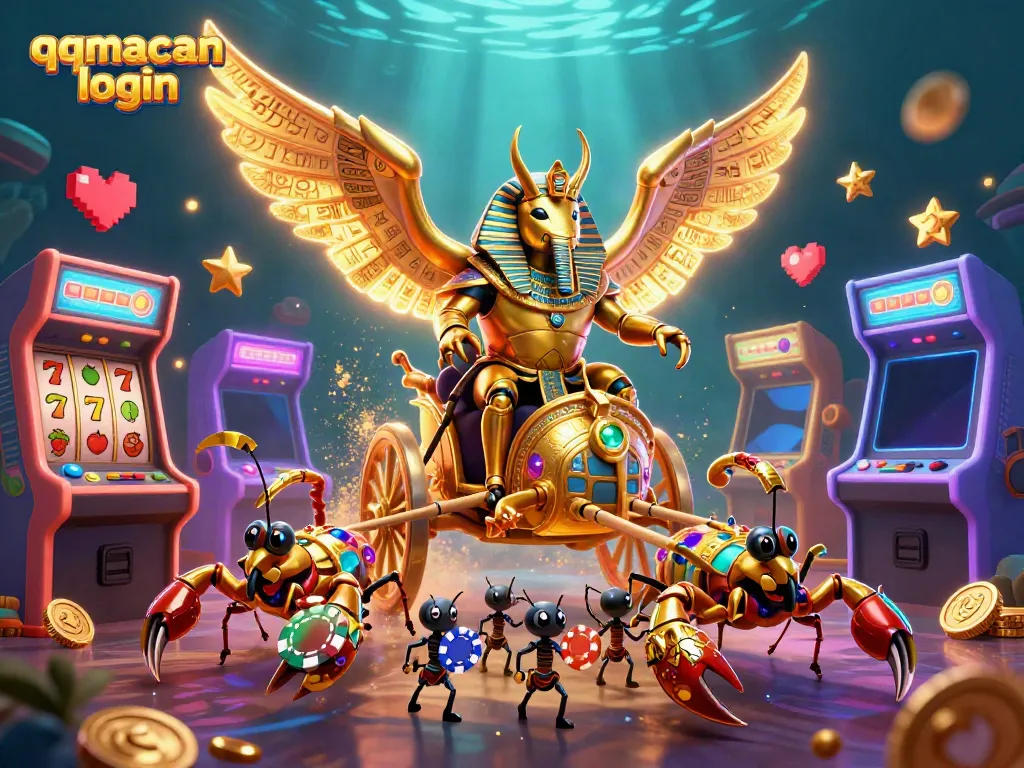 Engage with the exciting qqmacan login experience amidst vibrant casino elements like slot reels and poker chips.