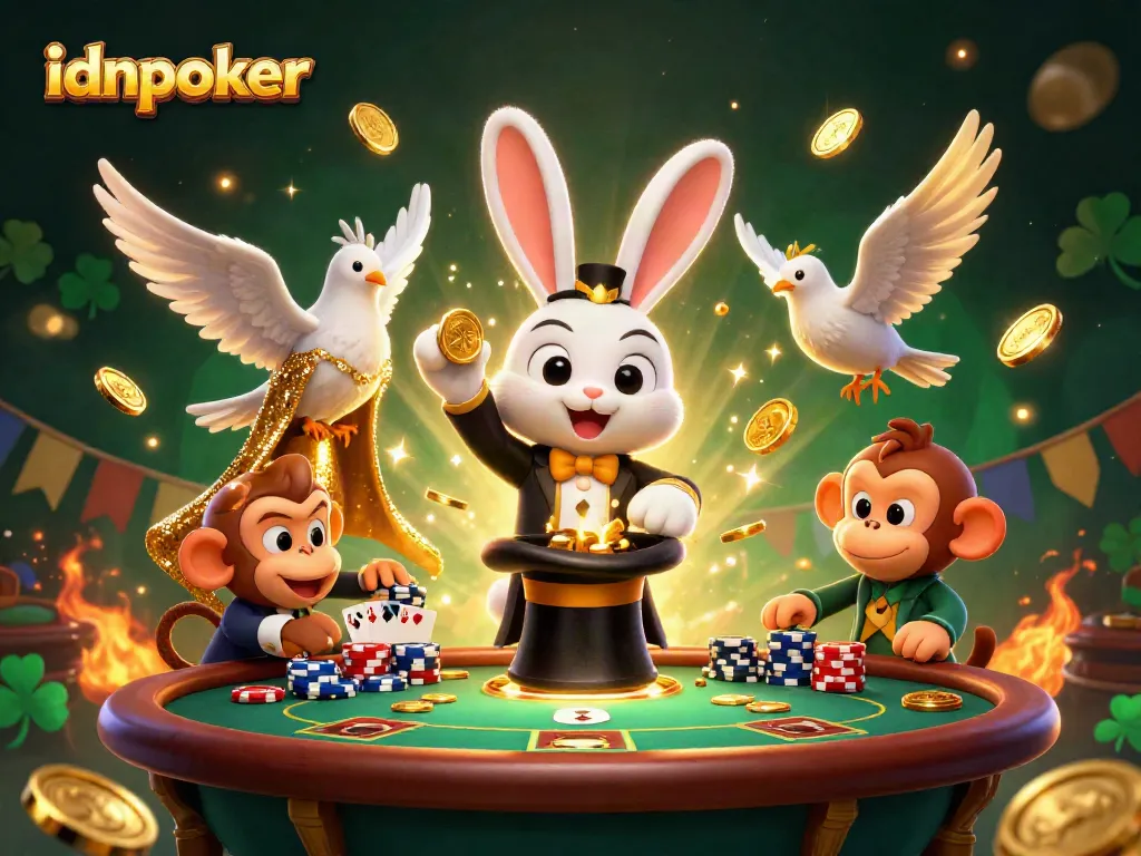 Mainkan poker online dengan idnpoker, menyaksikan kelincahan kelinci penyihir yang menarik koin emas.