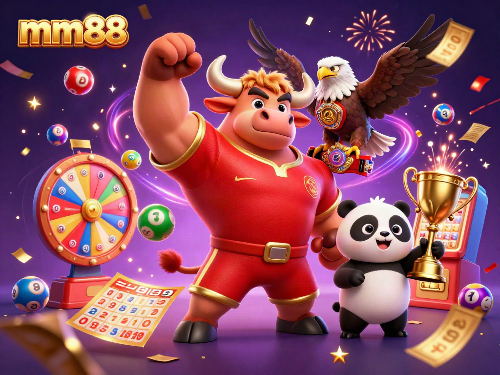 Feel the excitement at mm88 with a bull mascot celebrating wins alongside a champion eagle and trophy panda.