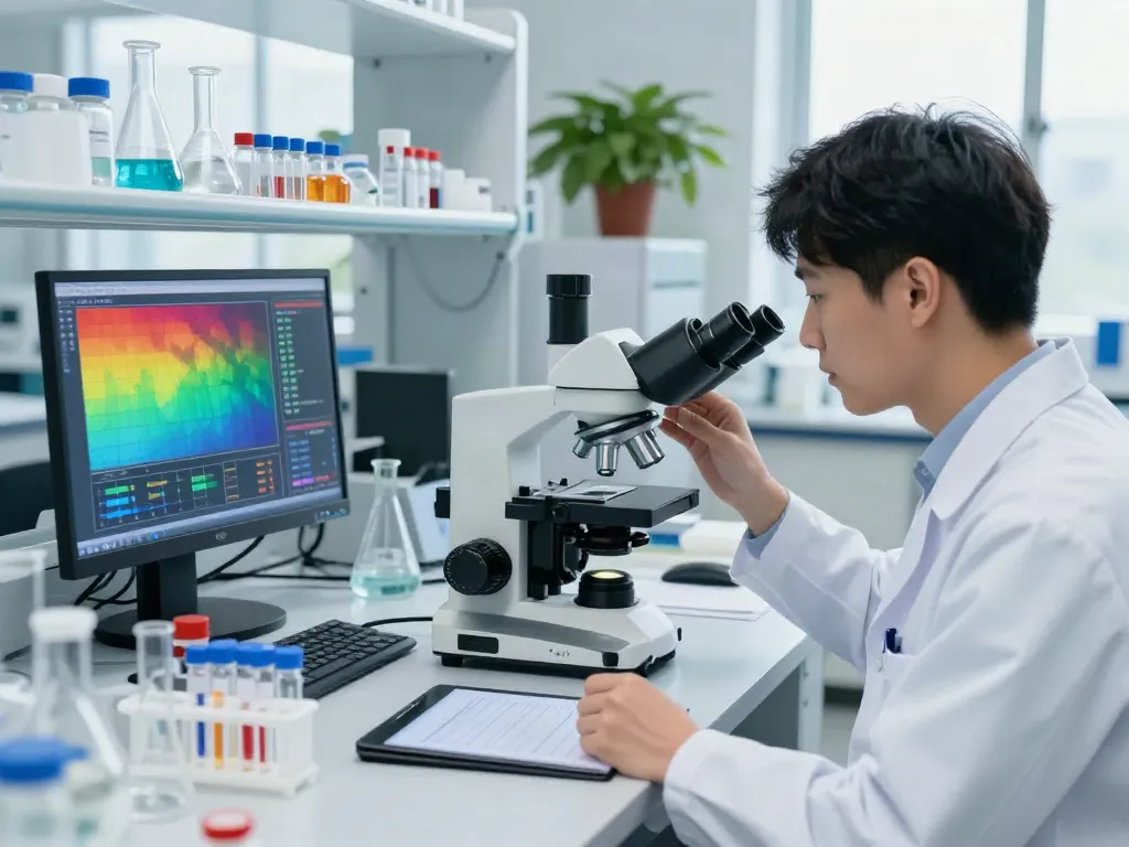 Researcher analyzing 5-Amino-1MQ for sale in a high-tech laboratory environment.