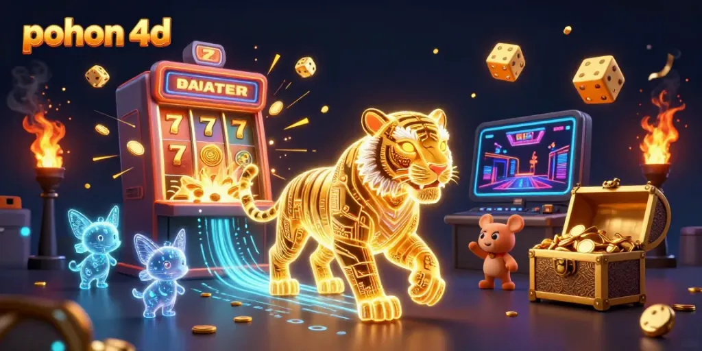 Engage with the dynamic scene of pohon 4d's digital casino realm showcasing a golden tiger and jubilant gaming elements.