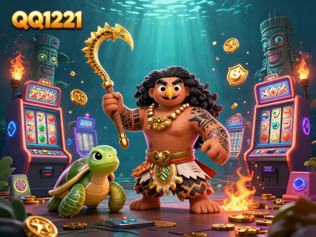 Engage with exciting QQ1221 slot gameplay featuring dynamic characters amidst vibrant slot machines and glowing elements.