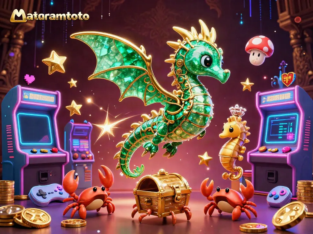 Engage with mataramtoto through a vibrant 3D casino-themed illustration featuring a sea dragon and arcade games.