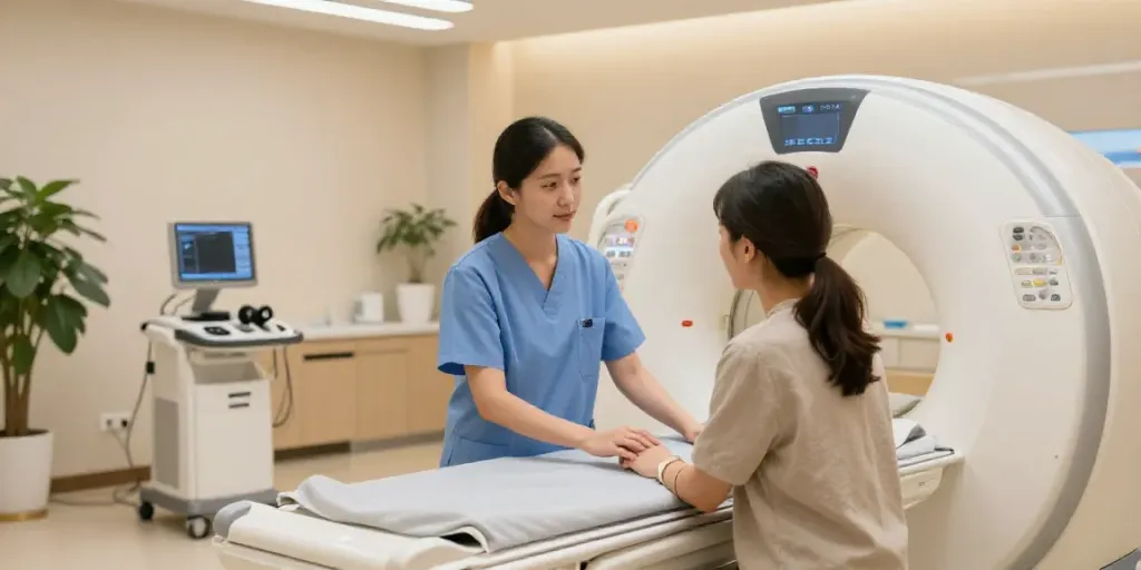 Wolfsburg mitbringen sollten - freundlicher Radiologe erklärt Verfahren in moderner Klinik.