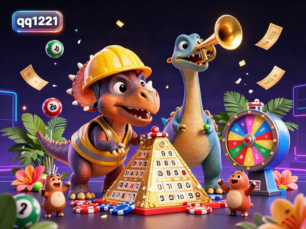 Celebrate wins with colorful action-packed scene showcasing qq1221 casino elements, including poker chips and festive lottery balls.