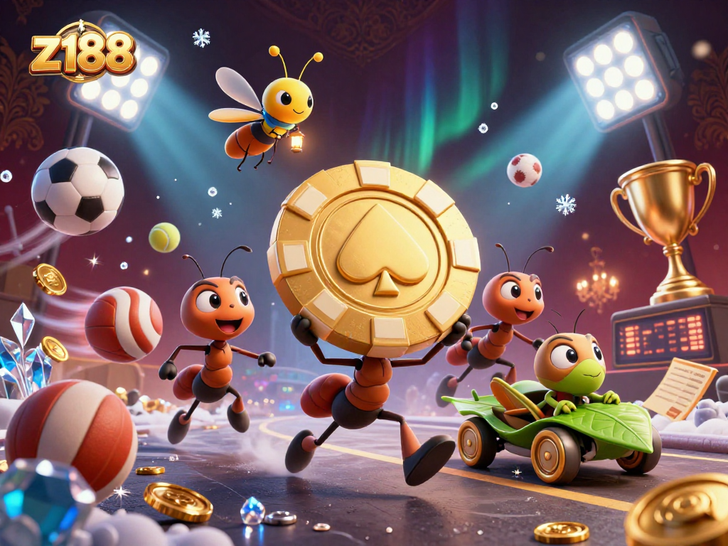Experience the excitement at z188 casino as ants carry a giant poker chip through a dynamic scene.
