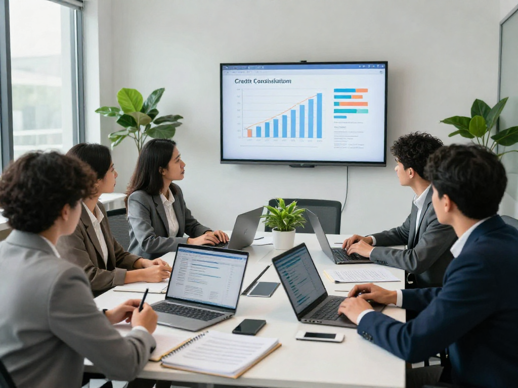 Credit consolidation strategies discussed by diverse financial advisors in a modern office.