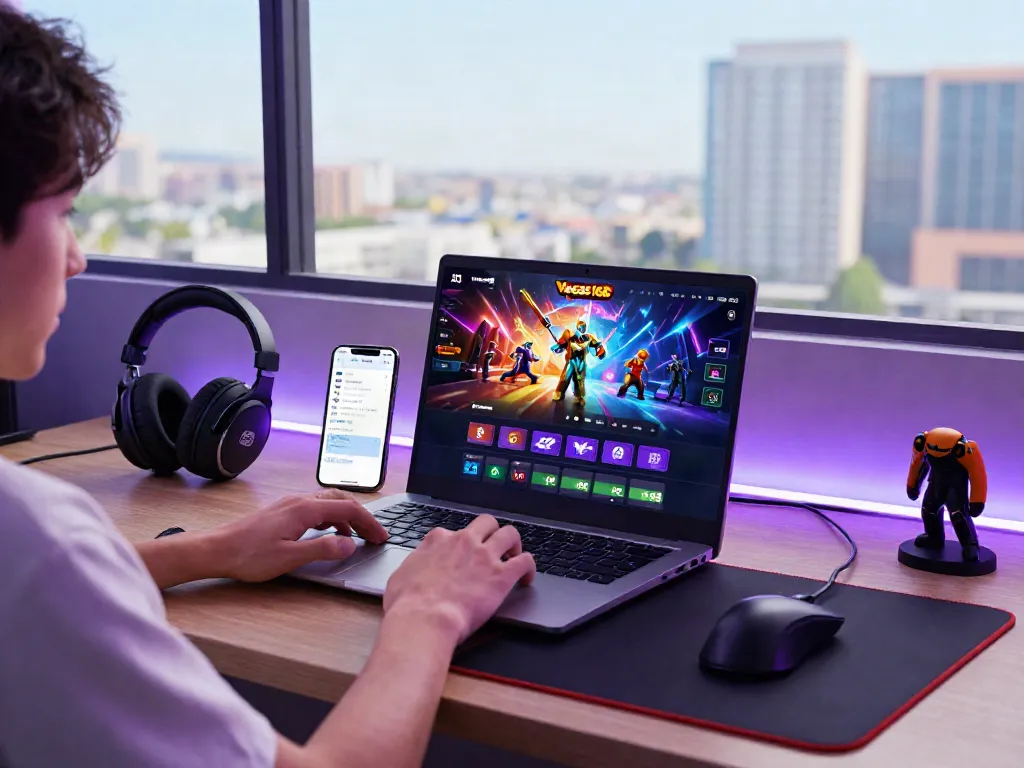 Pengguna berinteraksi dengan platform Vegas168 di laptop, tampilan grafis permainan yang menarik.