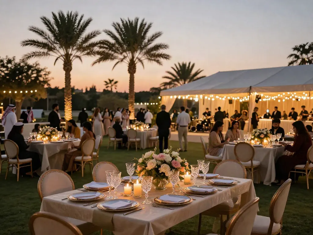 Event rental KSA featuring a luxurious outdoor setup for a wedding, elegantly designed tables and warm lighting.