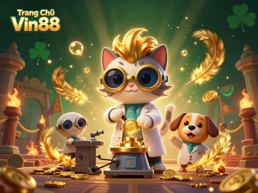 Engage with Trang Chủ Vin88's thrilling games and jackpots in a vibrant, animated setting filled with golden bubbles and casino tokens.