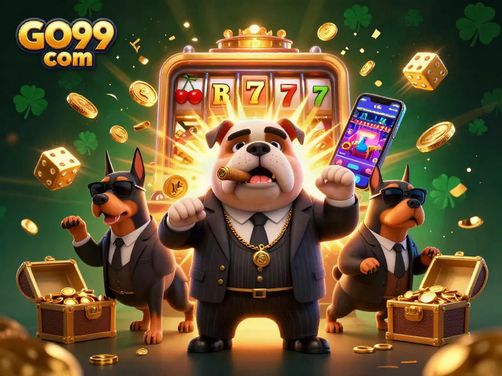Win big with GO99 com in this vibrant 3D illustration of a mafia-style casino scene.