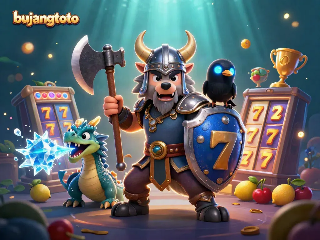 Bujangtoto slots battle with a Viking wolf warrior, dragon, and glowing raven amidst spinning slot reels.