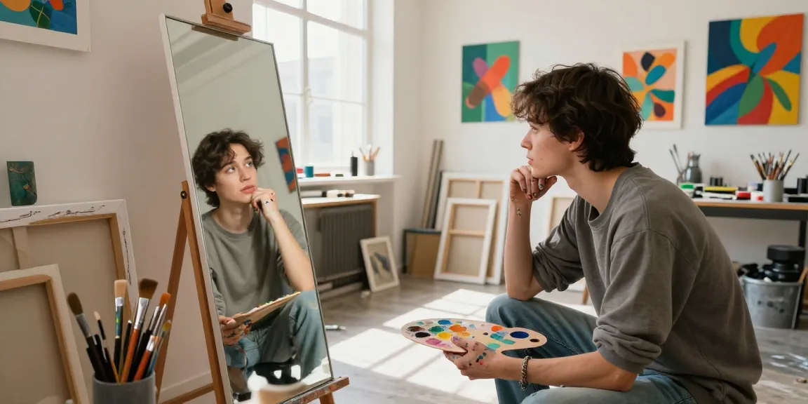 Young adult testing attractiveness in a creative studio environment while reflecting on self-image.