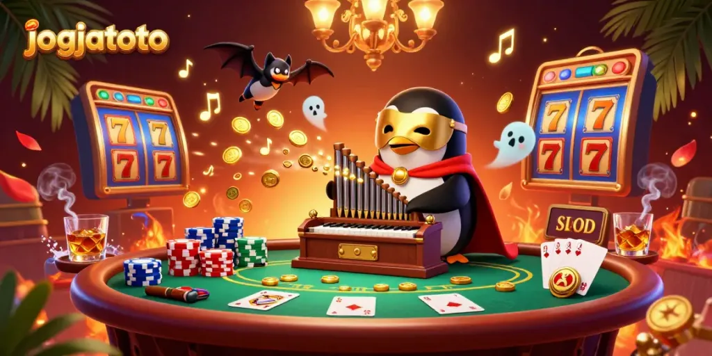 Experience the thrill of jogjatoto with a dynamic casino scene featuring colorful slot reels and poker elements.