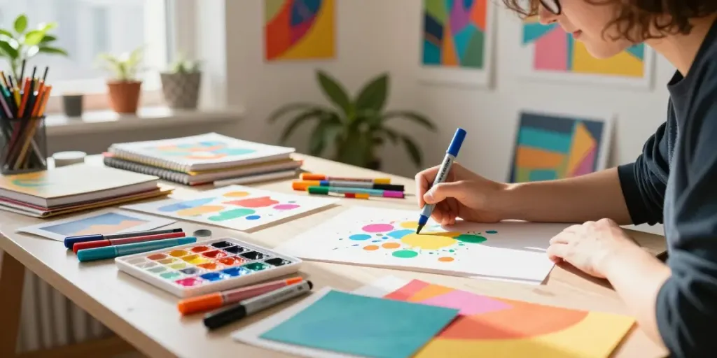 Artist actively using markers wholesale for vibrant painting project in creative workspace.