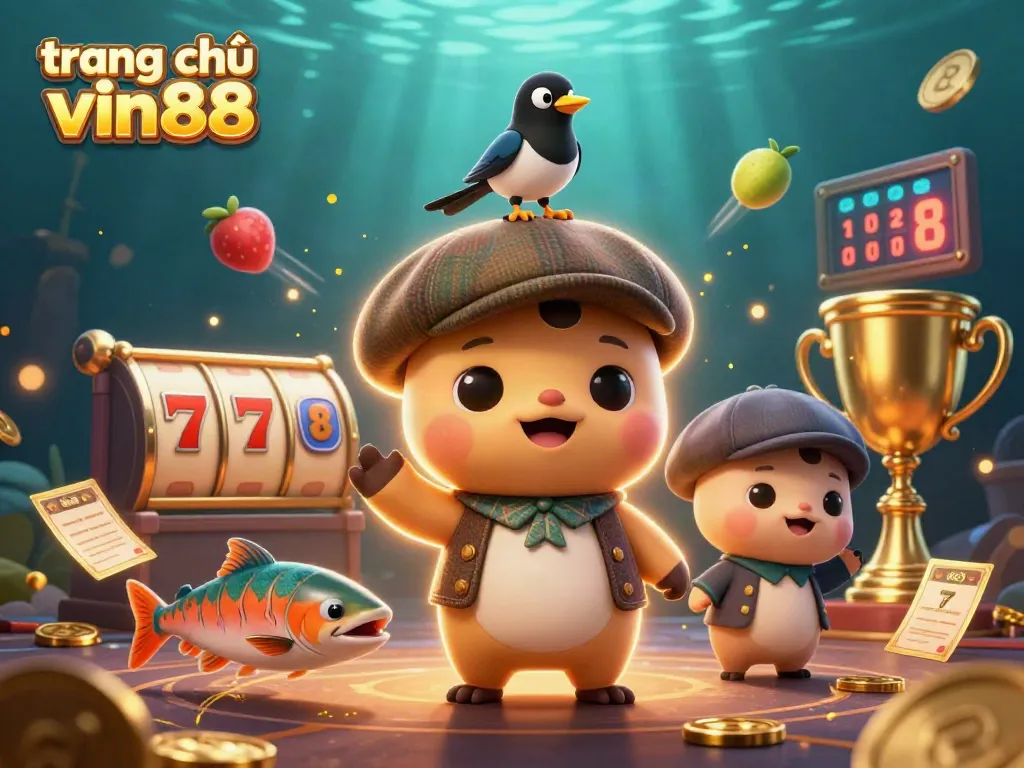 Experience the excitement of the slots at trang chủ vin88 with this vibrant, detailed casino-themed illustration.
