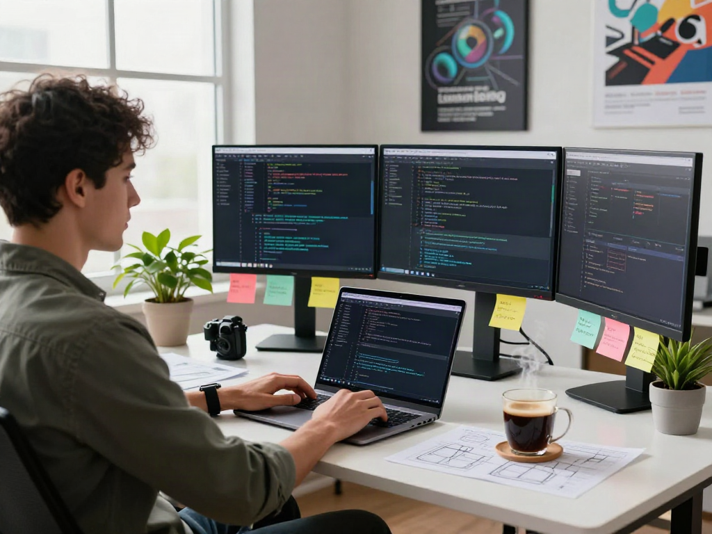 Innovative workspace focused on gbwhatsapp software development with coding screens and coffee.