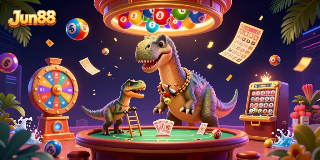 Experience Jun88's vibrant and thrilling gaming atmosphere with a whimsical 3D illustration showcasing fun casino elements.