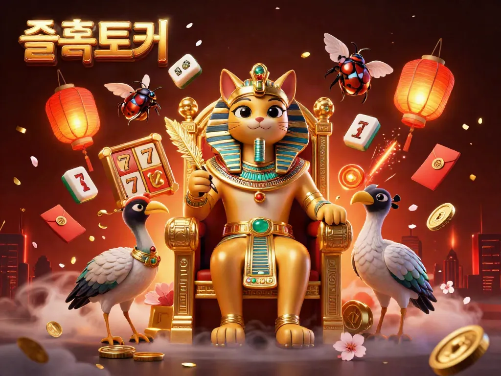 Spin the reels with 슬롯토커's vibrant casino illustration featuring a pharaoh theme.