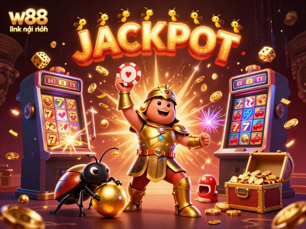 Experience the excitement with w88 link mới nhất as a heroic beetle lifts a poker chip amidst a vibrant casino scene.