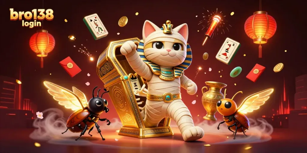 Experience the thrill of bro138 login in an energetic casino scene with a mummy cat and glowing scarab beetle.