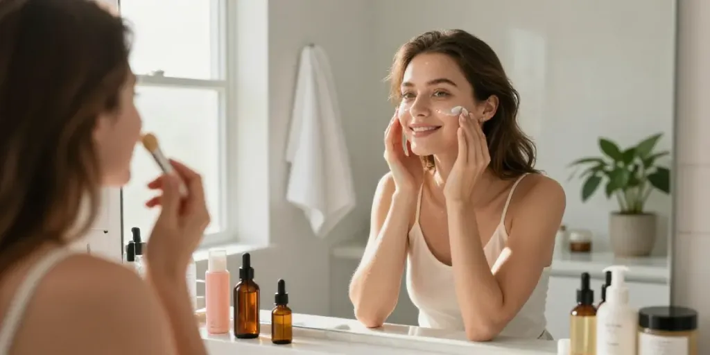 Generate beauty product descriptions with AI showcasing vibrant beauty items and a joyful skincare routine.