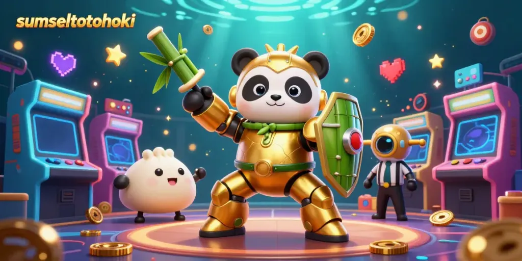 Watch the mech-suit golden panda in the vibrant arena of sumseltotohoki, piloting a fighting robot amid gaming excitement.
