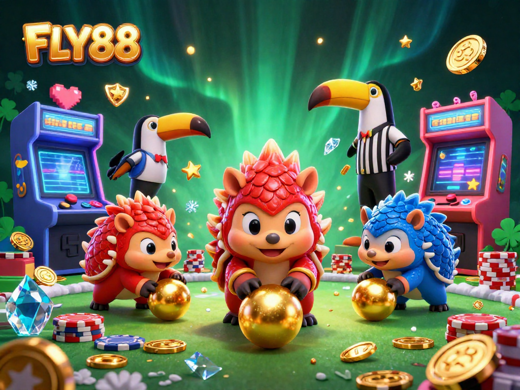 FLY88 pangolins roll through poker chips, showcasing vibrant casino excitement and gaming spirit.