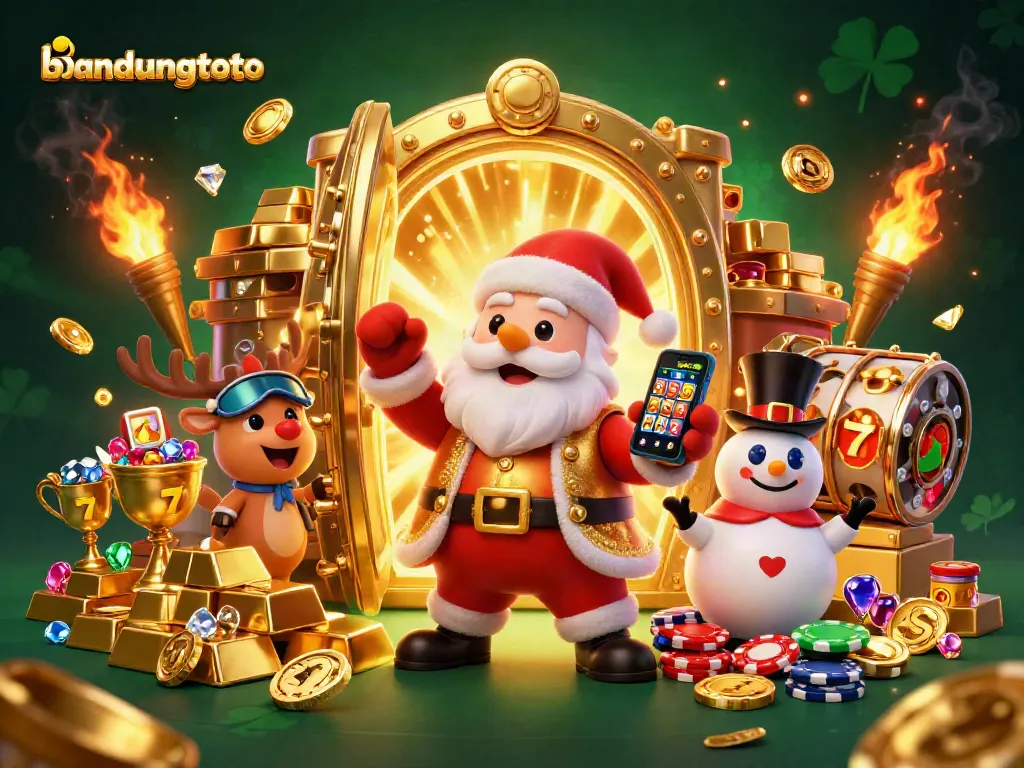Experience thrilling jackpot action with bandungtoto's dynamic casino scene featuring Santa, his reindeer, and a snowman.