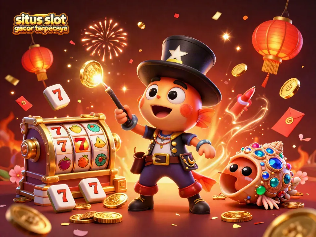 Engage in thrilling adventures at situs slot gacor terpercaya with cartoon characters amidst vibrant casino elements.