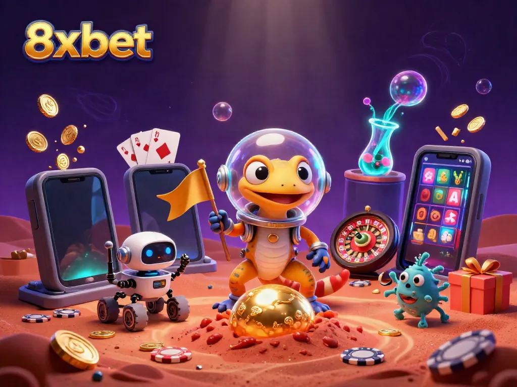 Experience thrilling gaming with 8xbet in this vibrant 3D casino scene filled with excitement and action.
