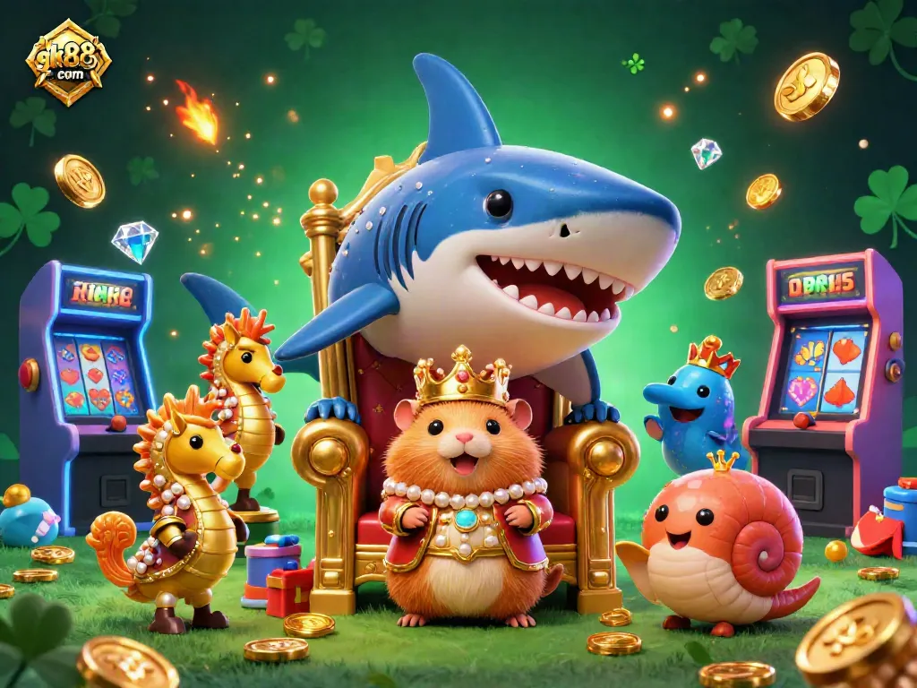Experience the vibrant casino world of gk88 com with a golden hamster king and slot machines.