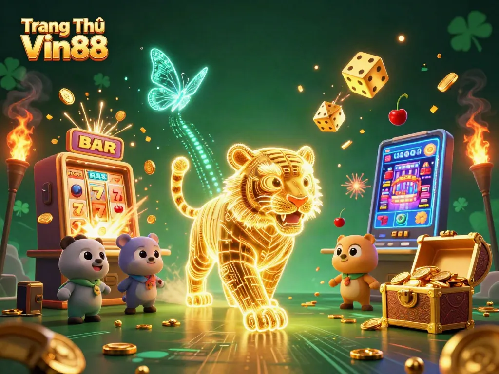 Experience Trang Chủ Vin88 with golden tiger in a vibrant casino, bursting with jackpots and gaming excitement.