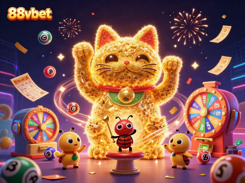 Experience the exhilarating world of 88vbet with an enchanting lucky cat surrounded by vibrant gaming elements.