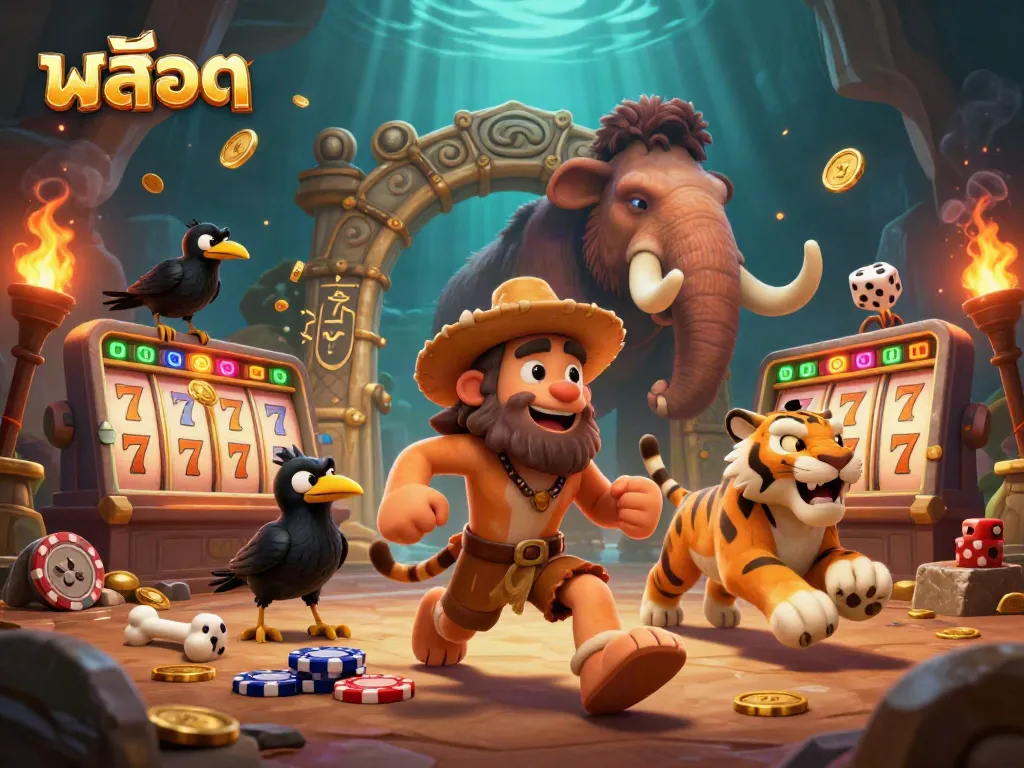 Experience thrilling สล็อต gameplay with dynamic reels, gleaming coins, and vibrant jackpot elements in a prehistoric casino.
