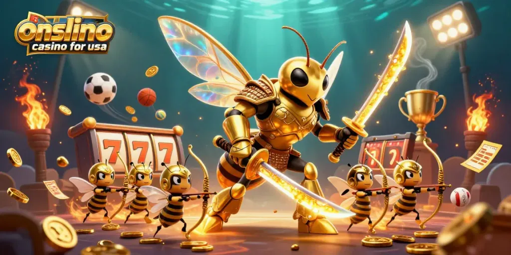 Engage with the online casino for usa experience depicting a samurai hornet surrounded by interactive gaming elements.