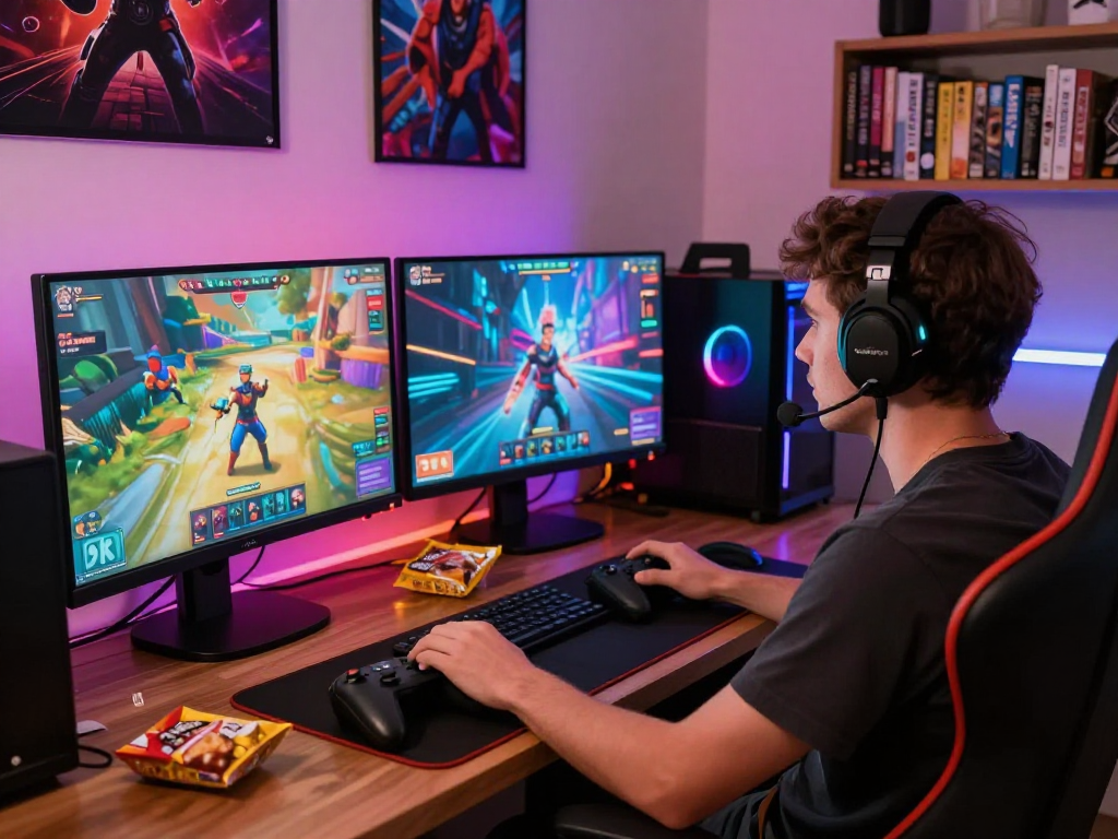 Engaging gamer enjoying a porn game on a vibrant gaming setup.